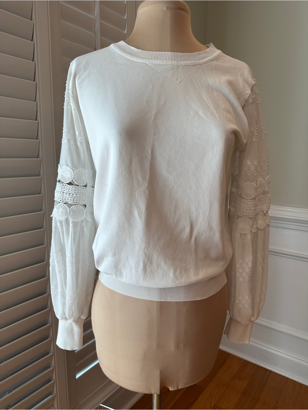 Main Strip Ivory Pullover with Lace-Embroidered Sheer Sleeves